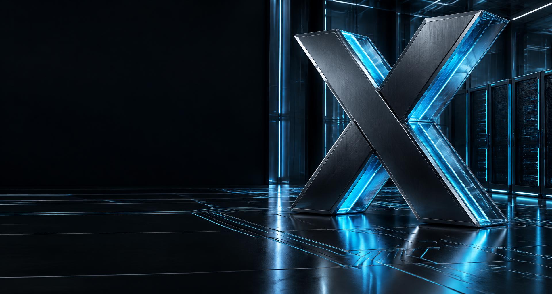 Sculptural illuminated X surrounded by advanced digital infrastructure